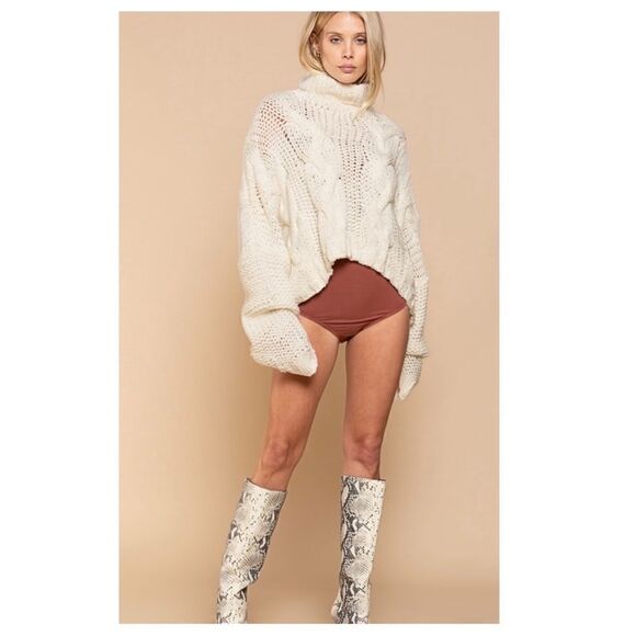 cream Turtle Neck Cable Knit Sweater - Picture 10 of 16